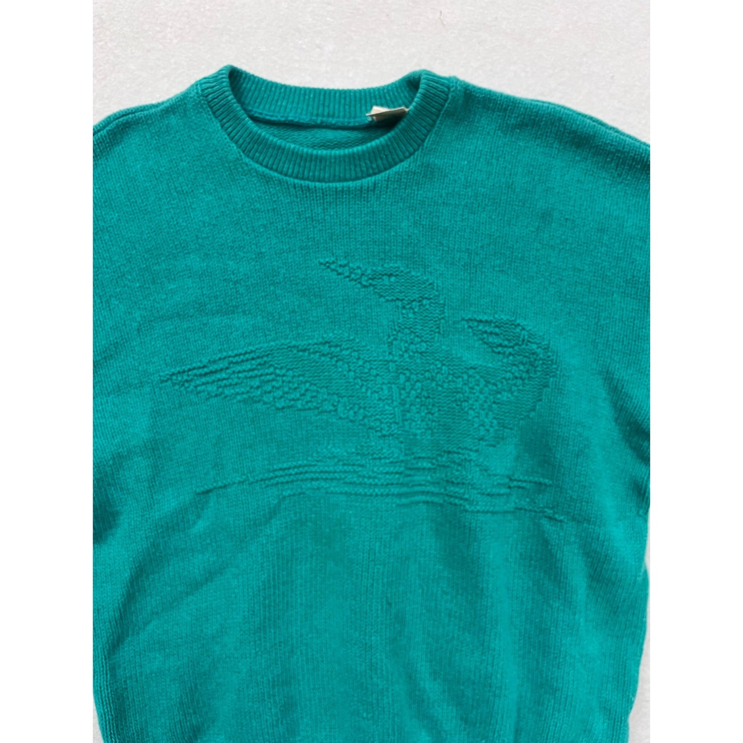 Vintage 1980s Teal Knit Sweater With Embossed Bird Design Crewneck #99A