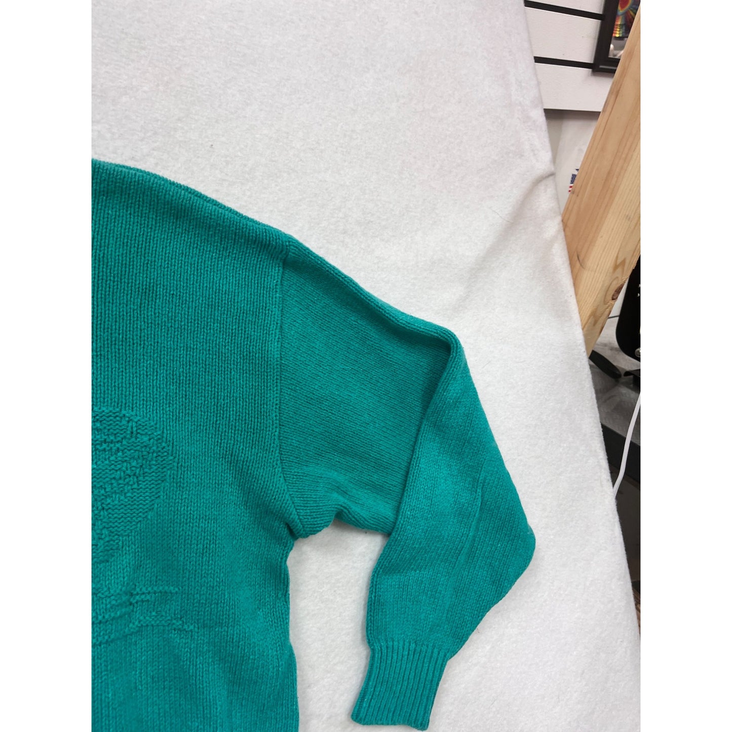 Vintage 1980s Teal Knit Sweater With Embossed Bird Design Crewneck #99A