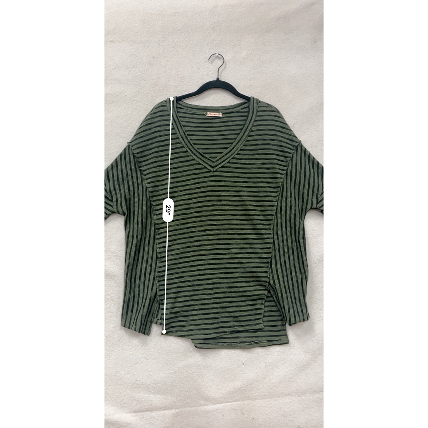 Womens Striped Green & Black V-Neck Long Sleeve Top By Marverie Size S #8791