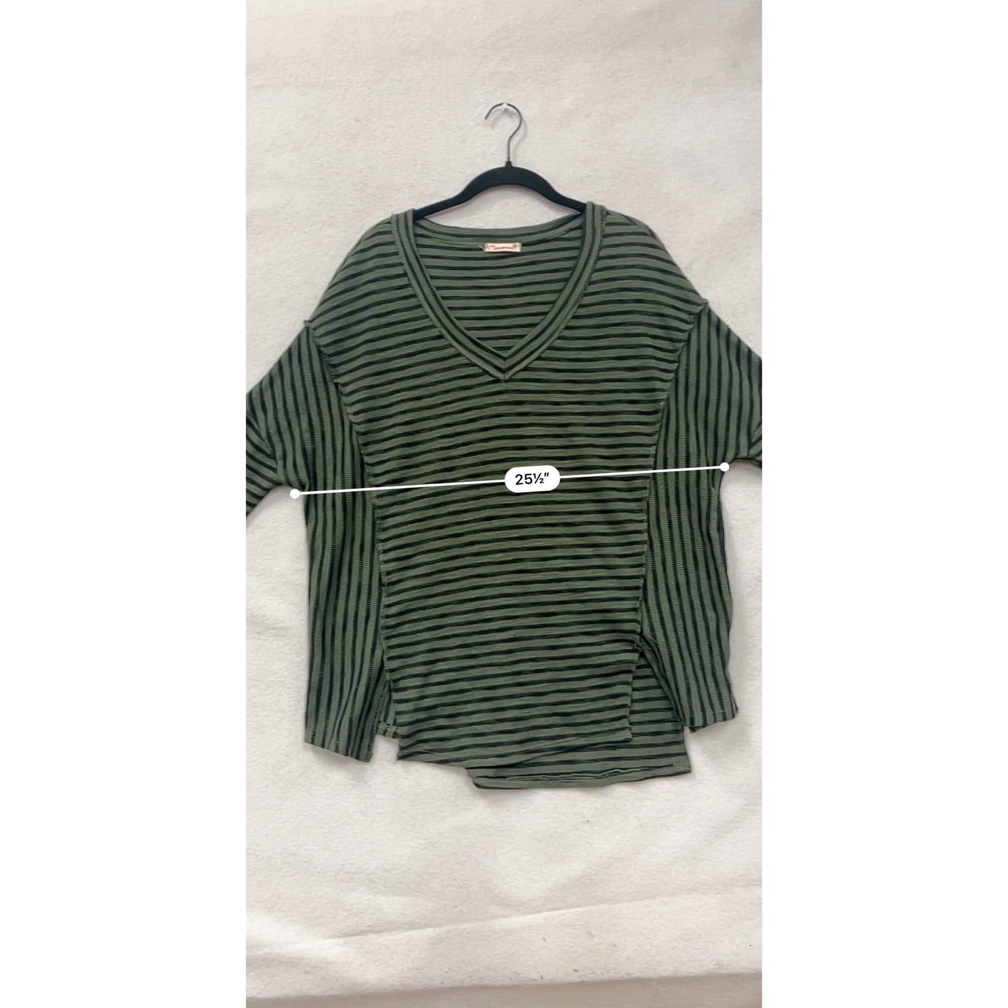 Womens Striped Green & Black V-Neck Long Sleeve Top By Marverie Size S #8791