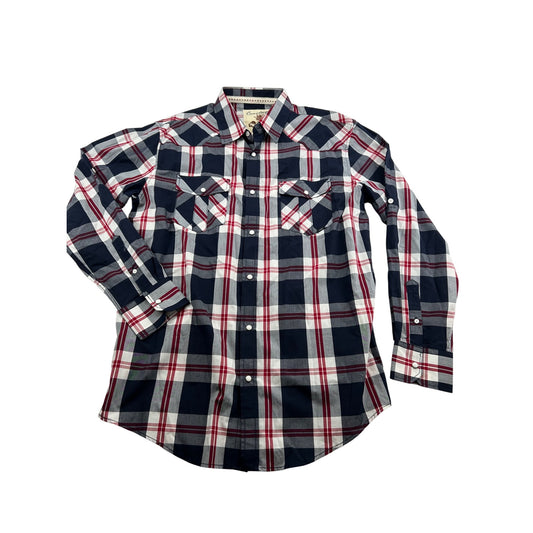Mens Coastal Plaid Button-Down Shirt Red/Blue/White Long Sleeve #6656