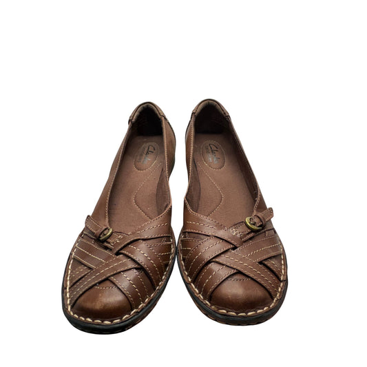 Clarks Brown Leather Slip-On Flats With Cross Strap Detail - Everyday Wear #9244