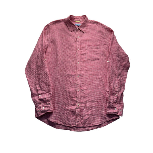 Toscano Aqua Red Gingham Long Sleeve Button-Up L 100% Linen #9041