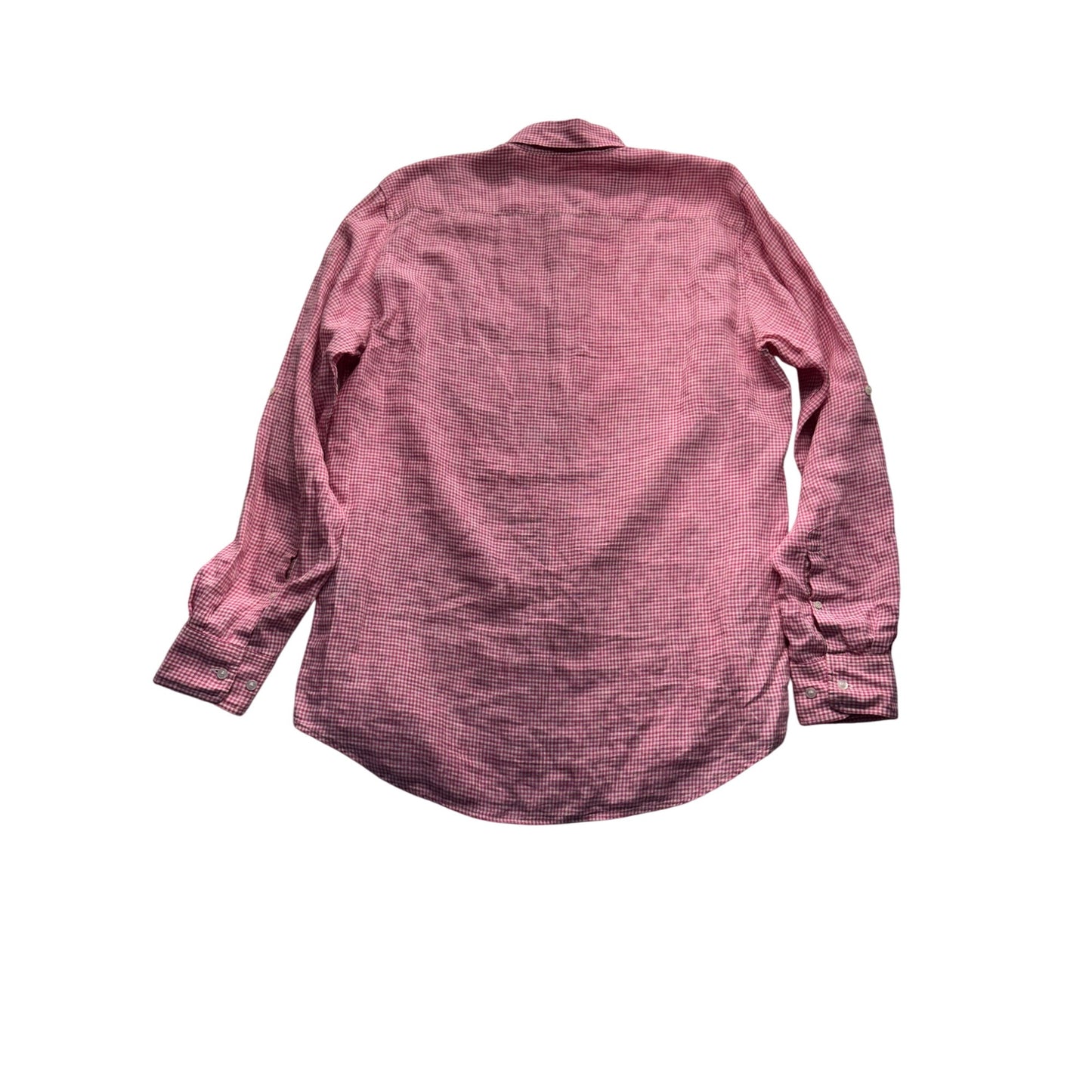 Toscano Aqua Red Gingham Long Sleeve Button-Up L 100% Linen #9041