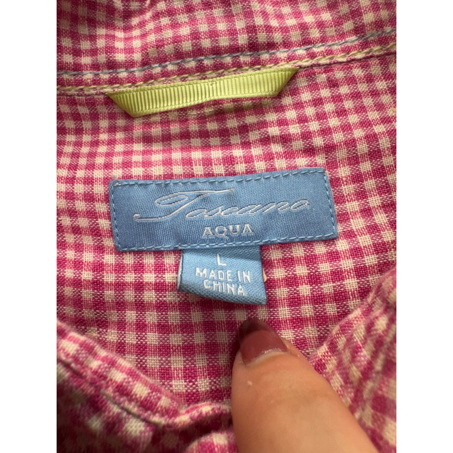 Toscano Aqua Red Gingham Long Sleeve Button-Up L 100% Linen #9041