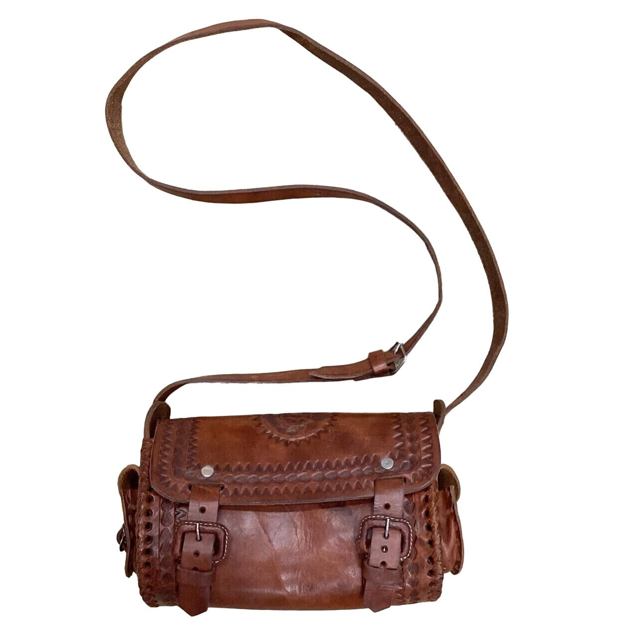 Vintage Handcrafted Brown Leather Crossbody Bag With Adjustable Strap & Buckle #931