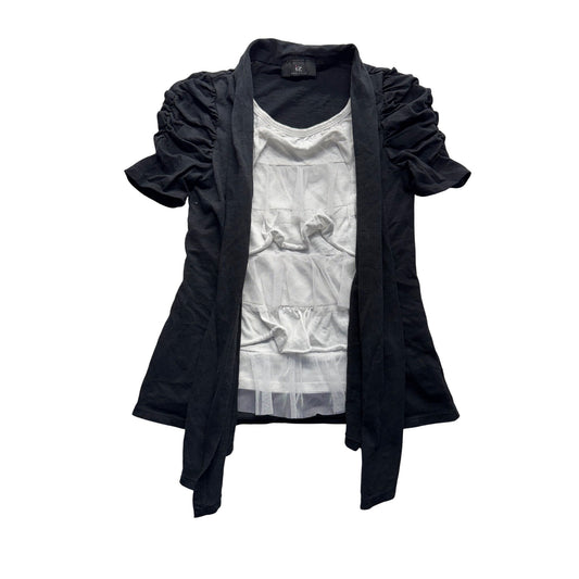 Black & White Ruched Sleeve Layered Top With Mesh Detail By Amy Byer L #7756