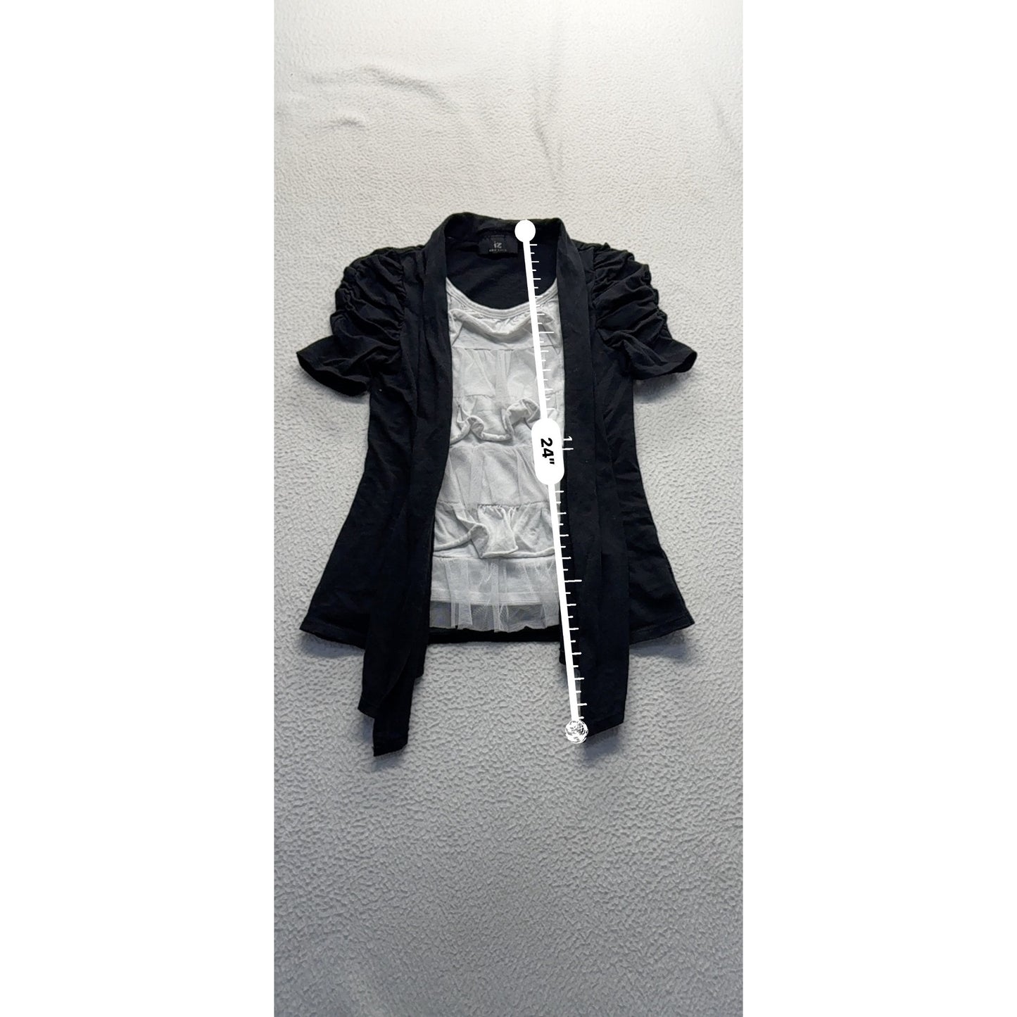 Black & White Ruched Sleeve Layered Top With Mesh Detail By Amy Byer L #7756