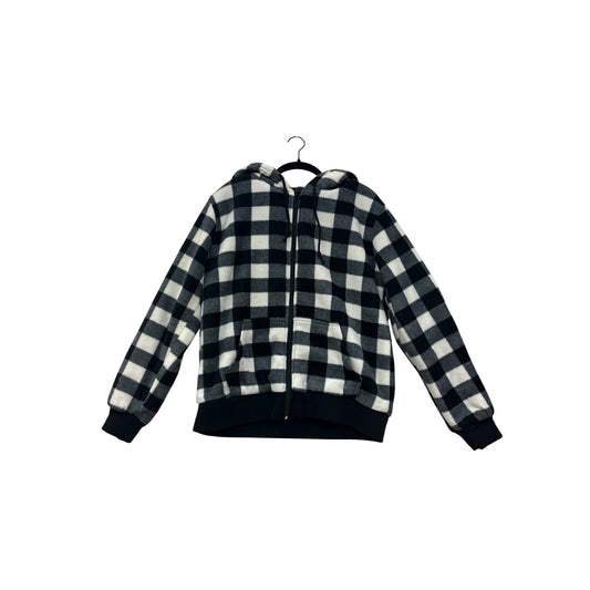 Womens Large Black & White Buffalo Plaid Zip-Up Hoodie Jacket With Drawstring Hood & Pockets #6879
