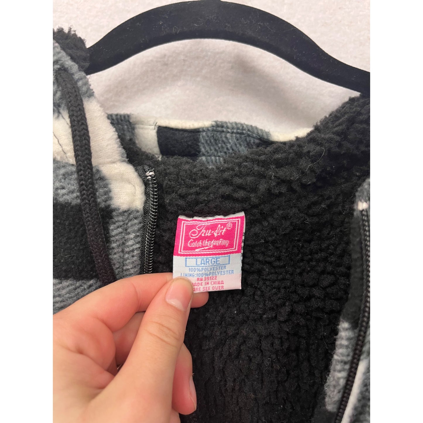 Womens Large Black & White Buffalo Plaid Zip-Up Hoodie Jacket With Drawstring Hood & Pockets #6879