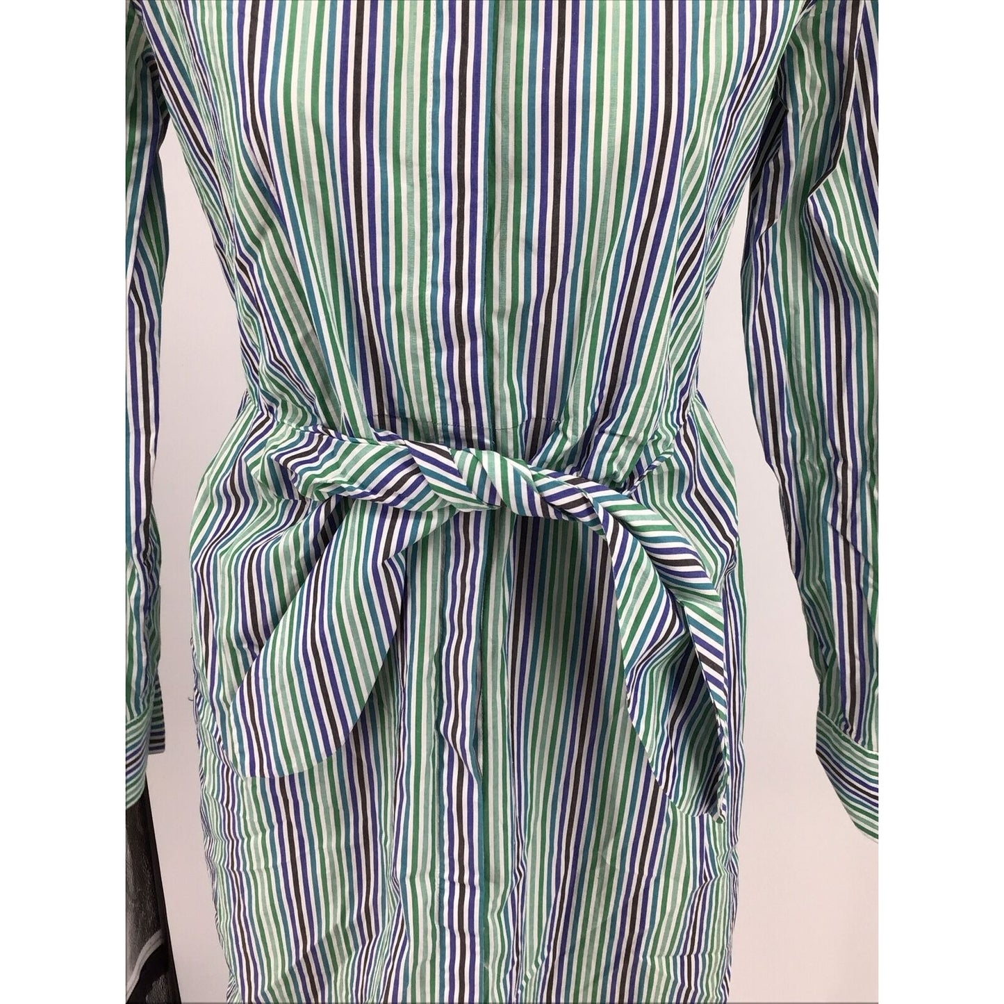 CALVIN KLEIN green blue pinstripe cotton shirt dress tie