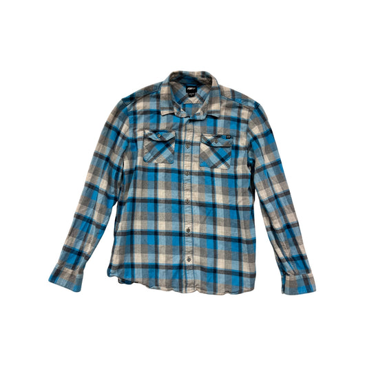 Fox Mens Large Blue & Gray Plaid Long-Sleeve Button-Up Shirt #8922