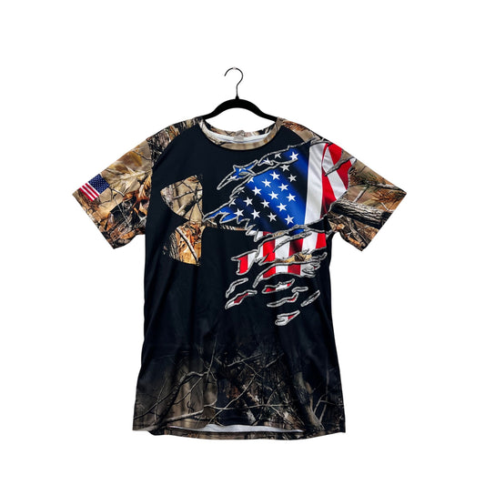 Under Armour Mens L Camo & USA Flag Graphic T-Shirt Deer Print Hunting Theme Black #6882
