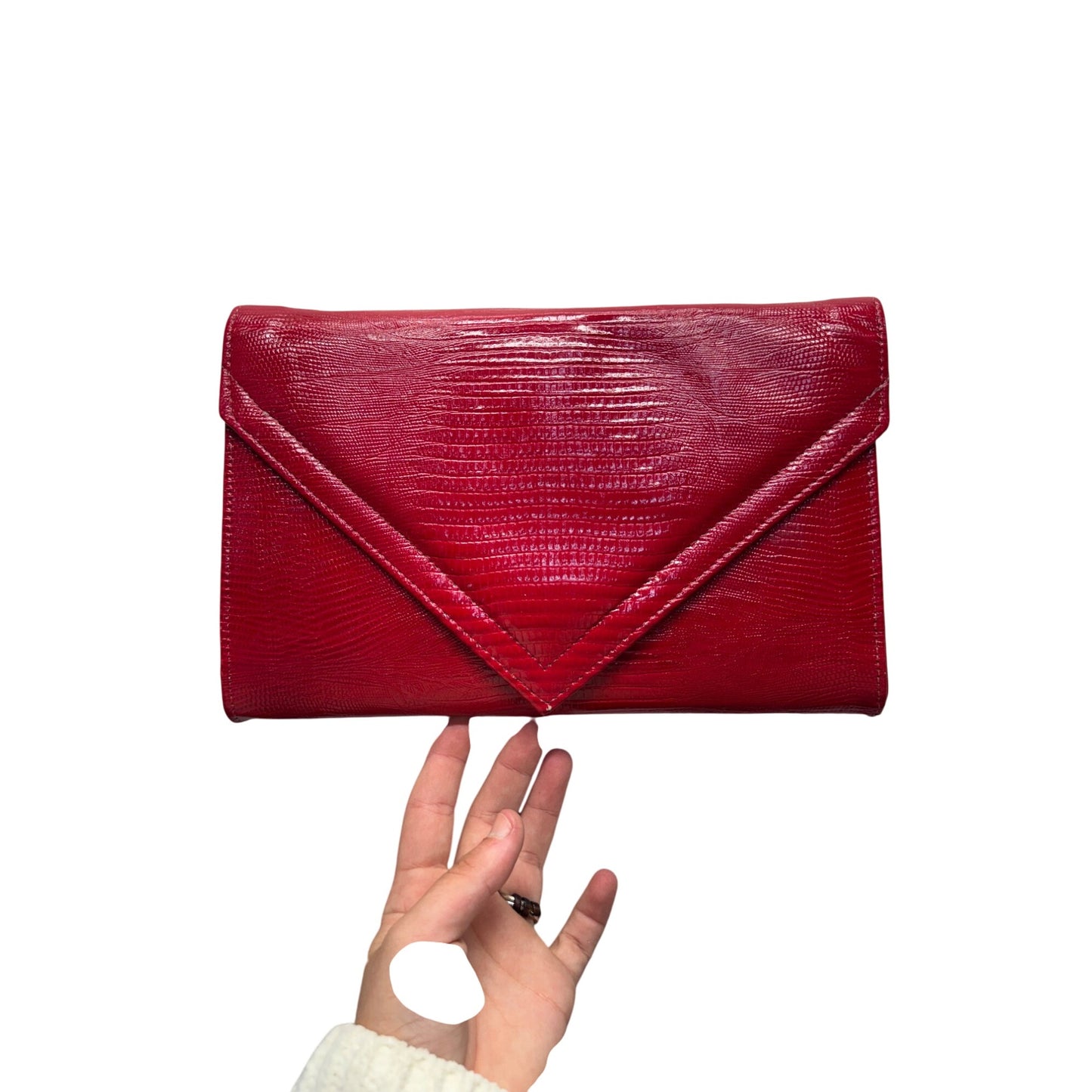 Red Faux Leather Envelope Clutch With Textured Finish & Strap 9" x 6.5" #9844