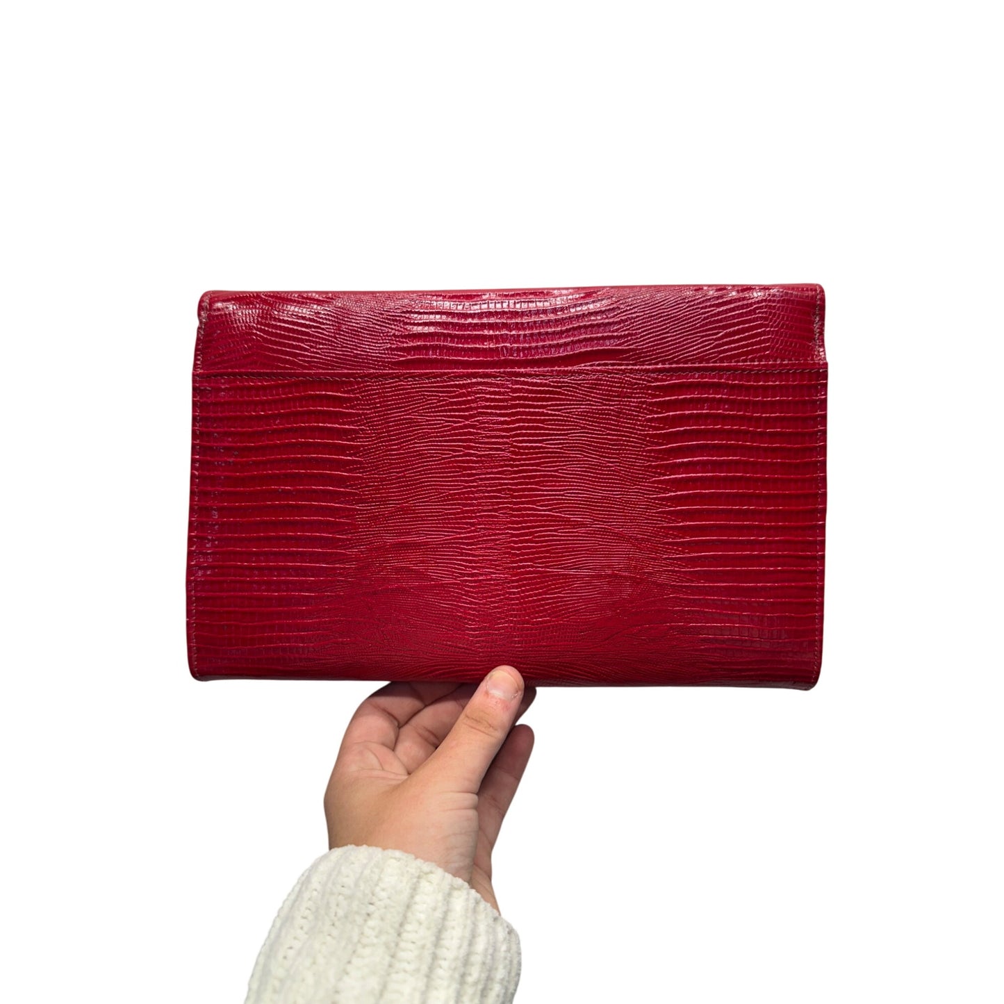 Red Faux Leather Envelope Clutch With Textured Finish & Strap 9" x 6.5" #9844