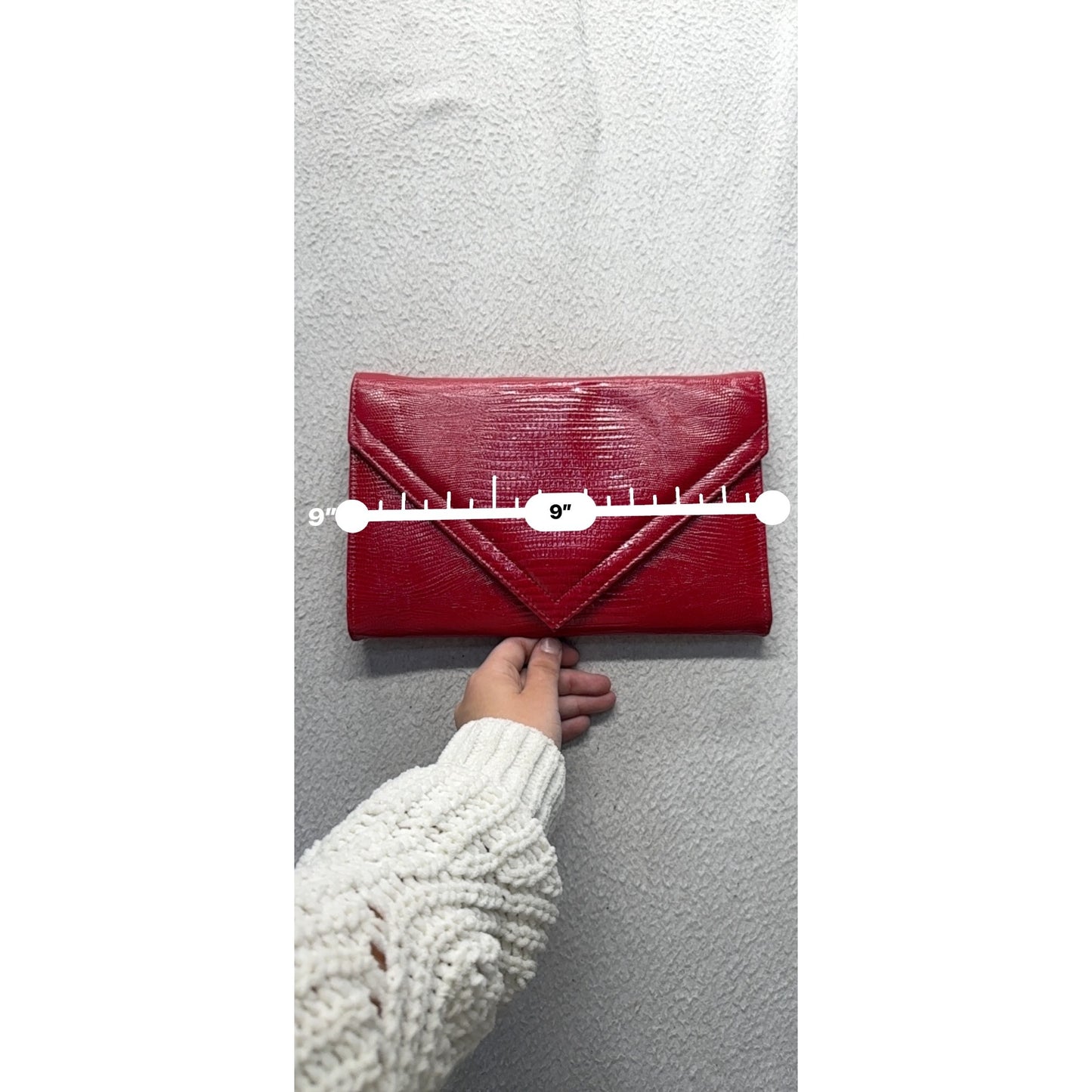 Red Faux Leather Envelope Clutch With Textured Finish & Strap 9" x 6.5" #9844