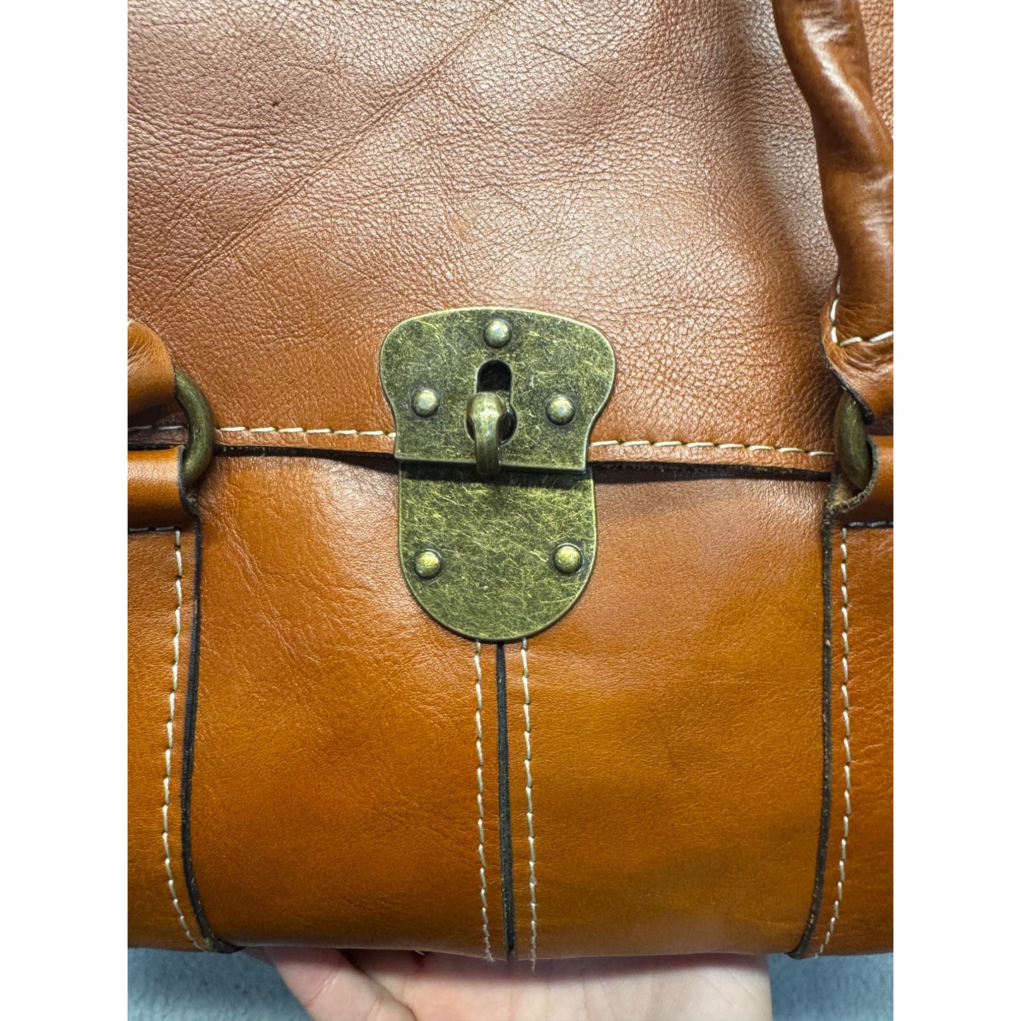 Brown Leather Satchel Bag With Brass Clasp & Twisted Handles #9661