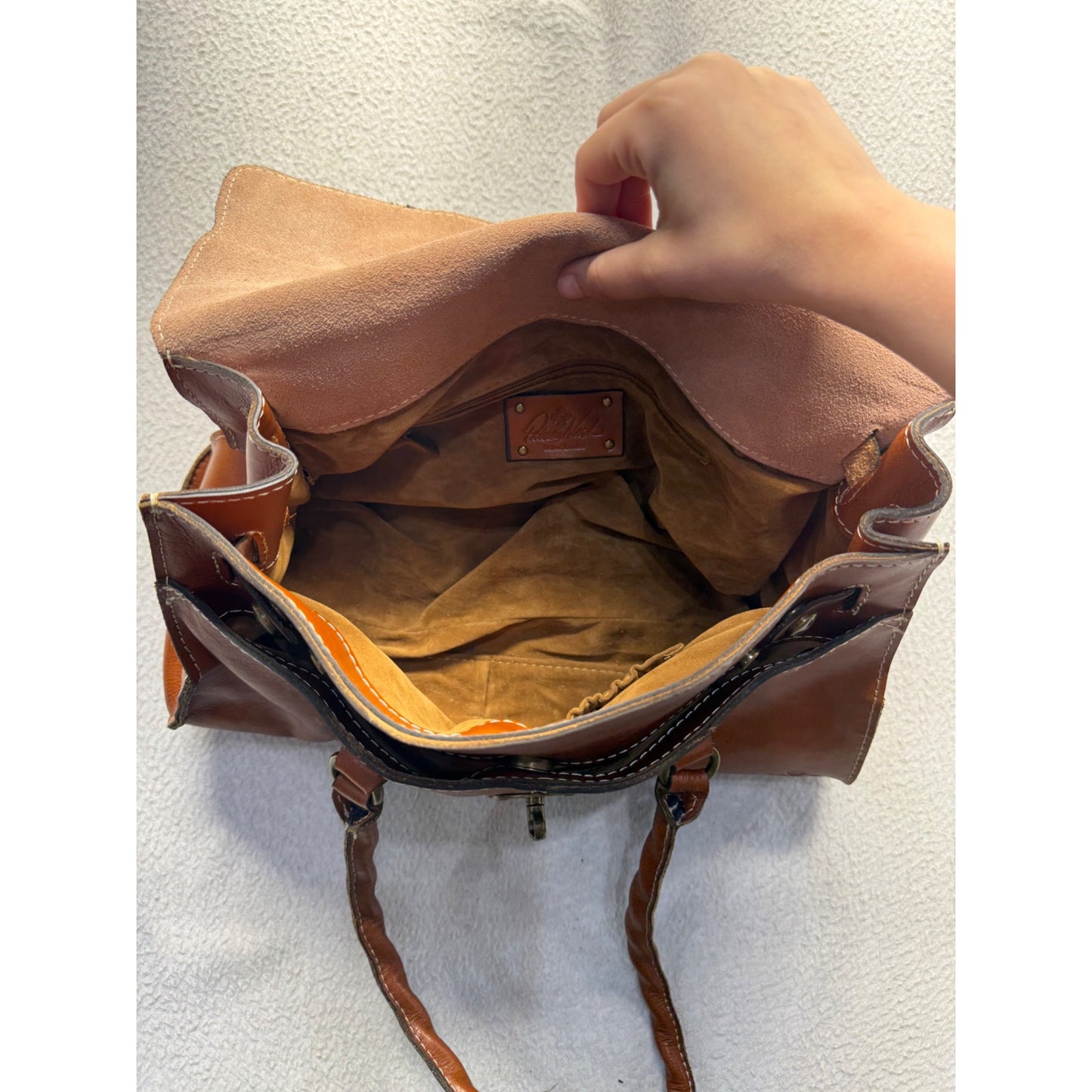 Brown Leather Satchel Bag With Brass Clasp & Twisted Handles #9661