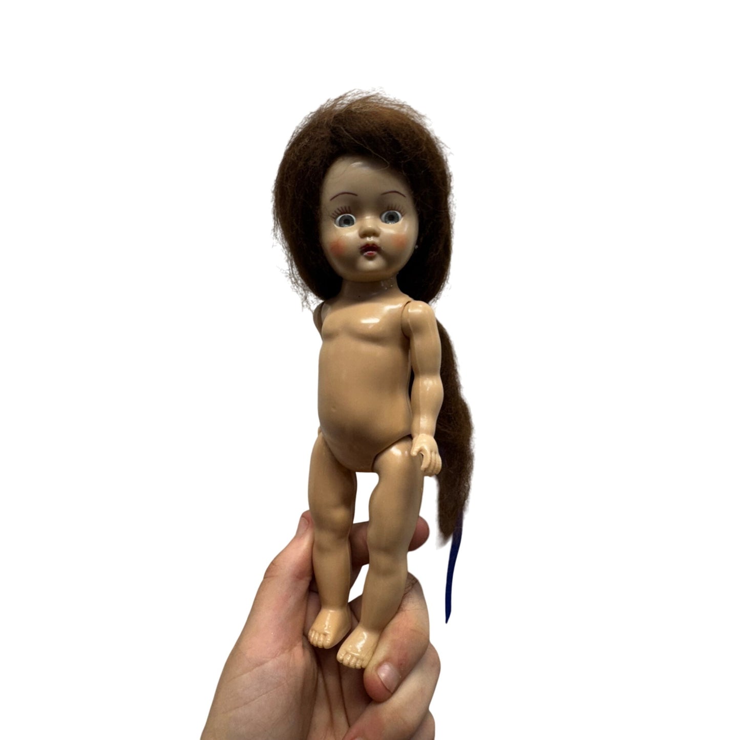 Vintage 1950s Hard Plastic Doll With Long Brown Hair & Blue Ribbon #422B