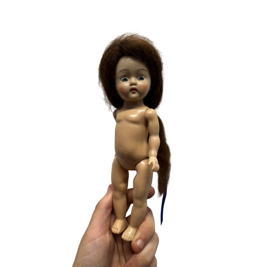 Vintage 1950s Hard Plastic Doll With Long Brown Hair & Blue Ribbon #422B