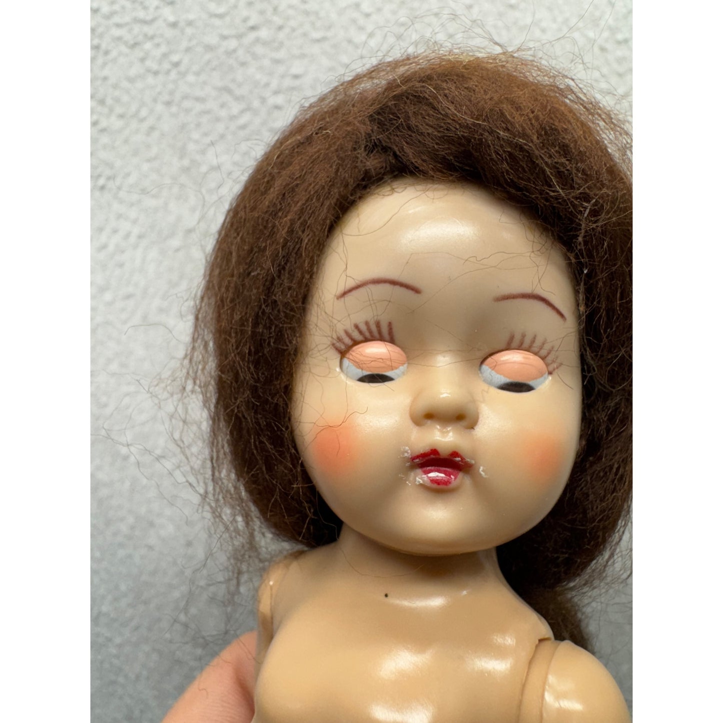 Vintage 1950s Hard Plastic Doll With Long Brown Hair & Blue Ribbon #422B