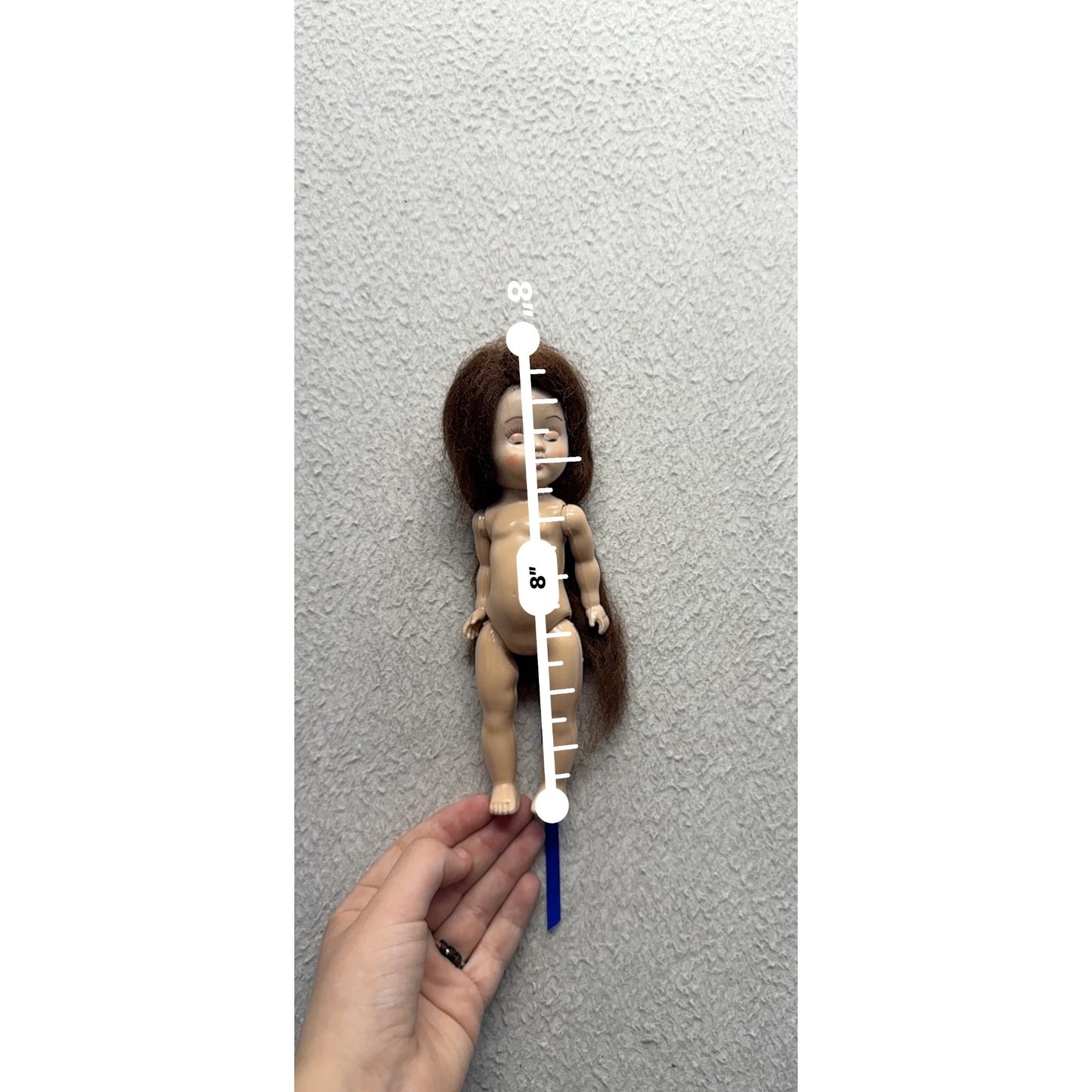 Vintage 1950s Hard Plastic Doll With Long Brown Hair & Blue Ribbon #422B