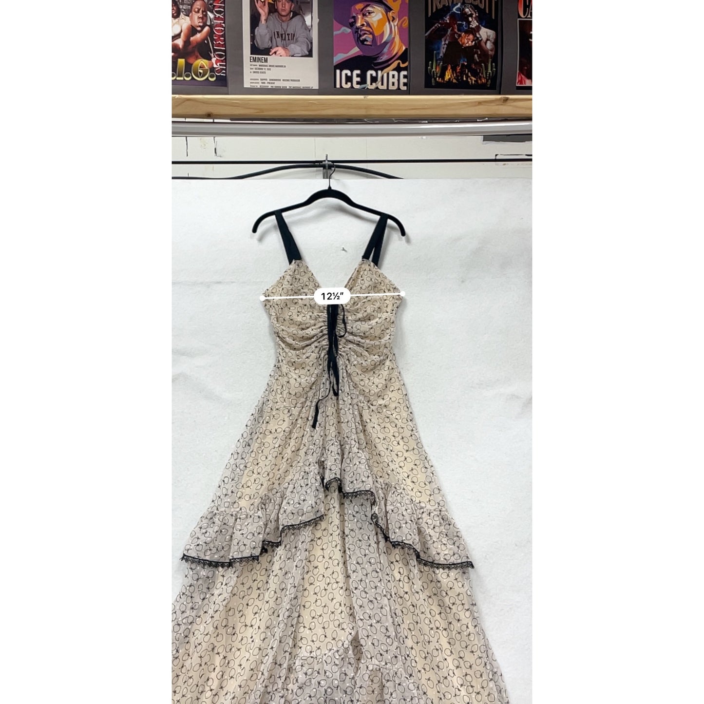 Max Studio Womens 6 Beige & Black Tiered Ruffle Maxi Dress With Adjustable Straps #107A