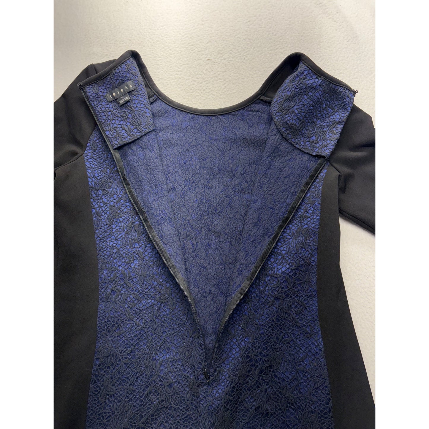 Tribal Womens Long Sleeve Dress W/ Blue Lace Overlay & Black Panels Size 12 #7730