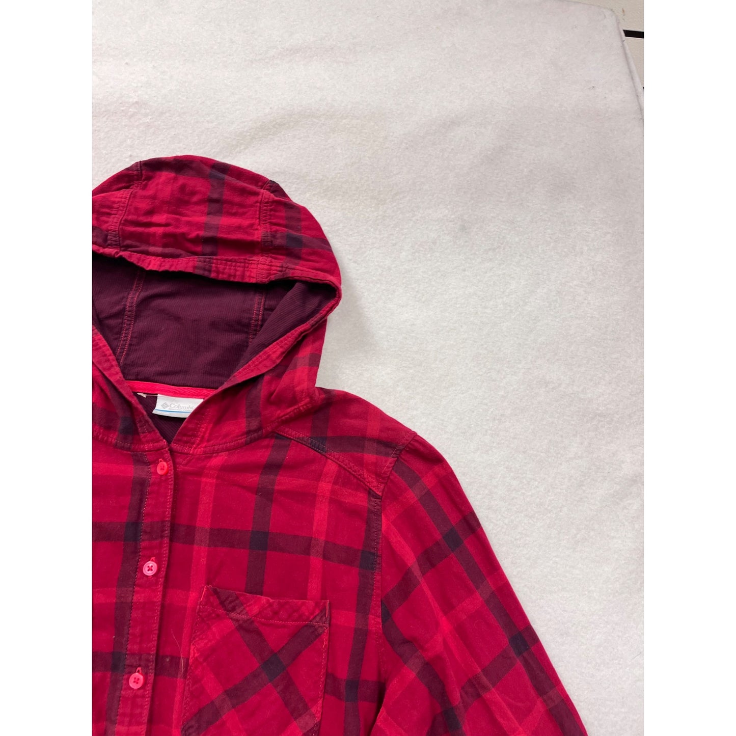 Columbia Red & Black Plaid Cotton Hooded Shirt Jacket XL #8911