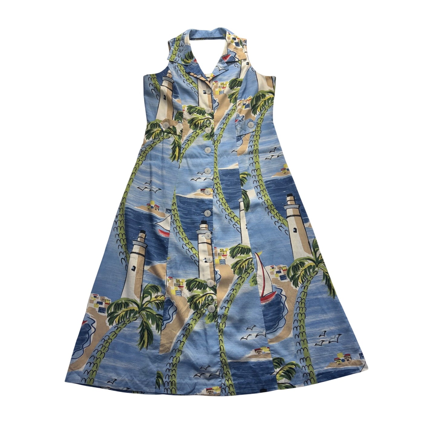 Vintage Lighthouse Print Halter Dress With Collar & Button Front #7900