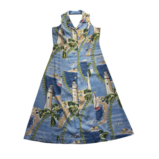Vintage Lighthouse Print Halter Dress With Collar & Button Front #7900