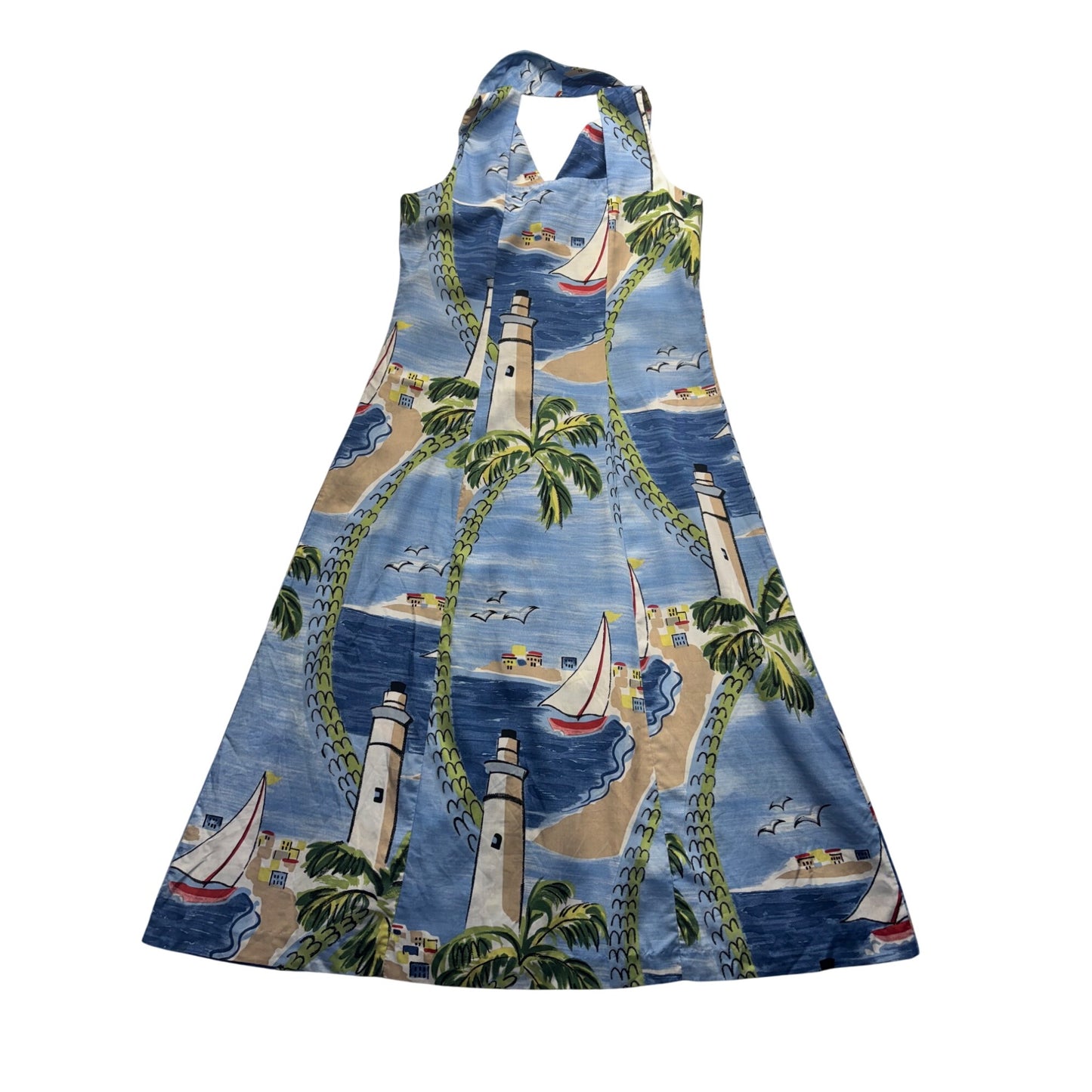 Vintage Lighthouse Print Halter Dress With Collar & Button Front #7900