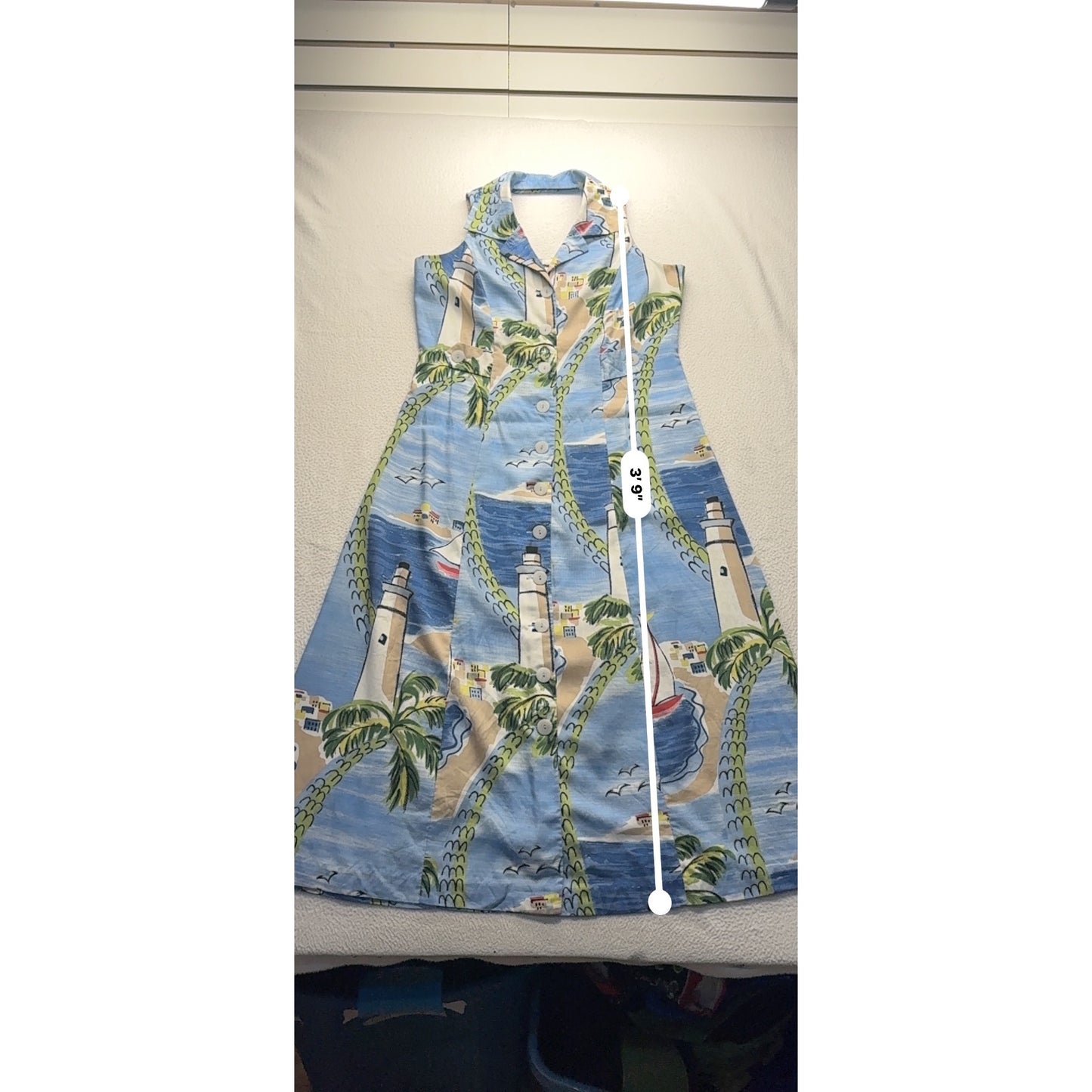 Vintage Lighthouse Print Halter Dress With Collar & Button Front #7900