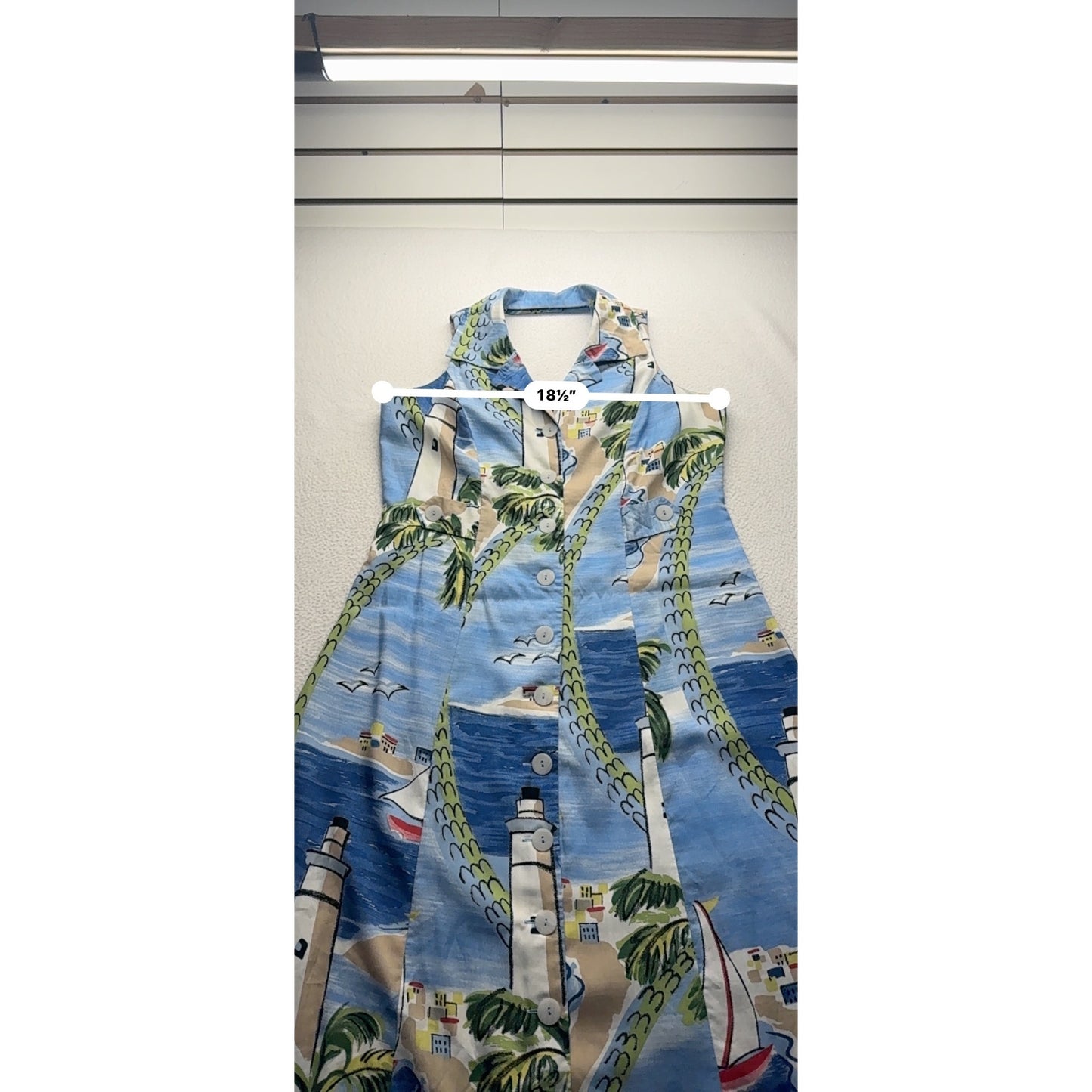 Vintage Lighthouse Print Halter Dress With Collar & Button Front #7900