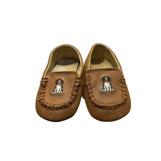 Janie & Jack Infant Brown Leather Moccasins With Embroidered Dog Design 9445