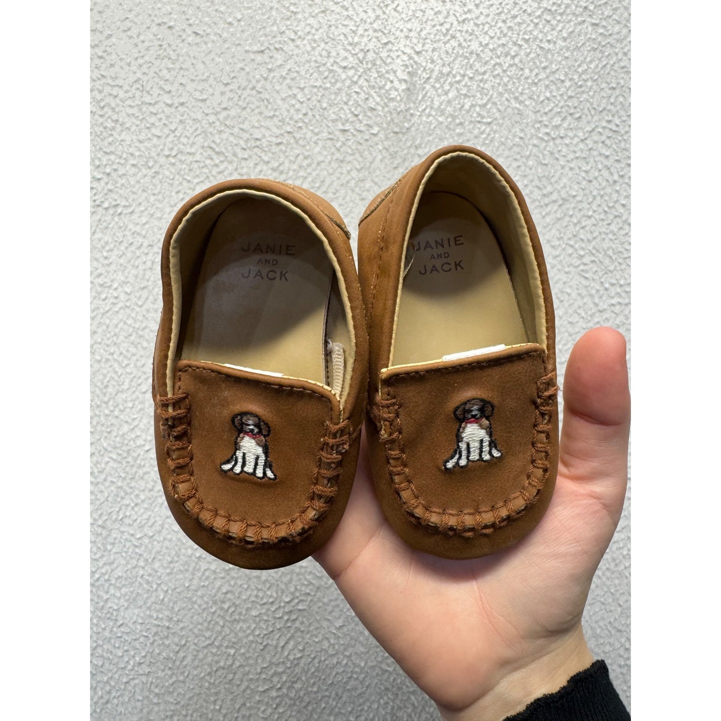 Janie & Jack Infant Brown Leather Moccasins With Embroidered Dog Design 9445