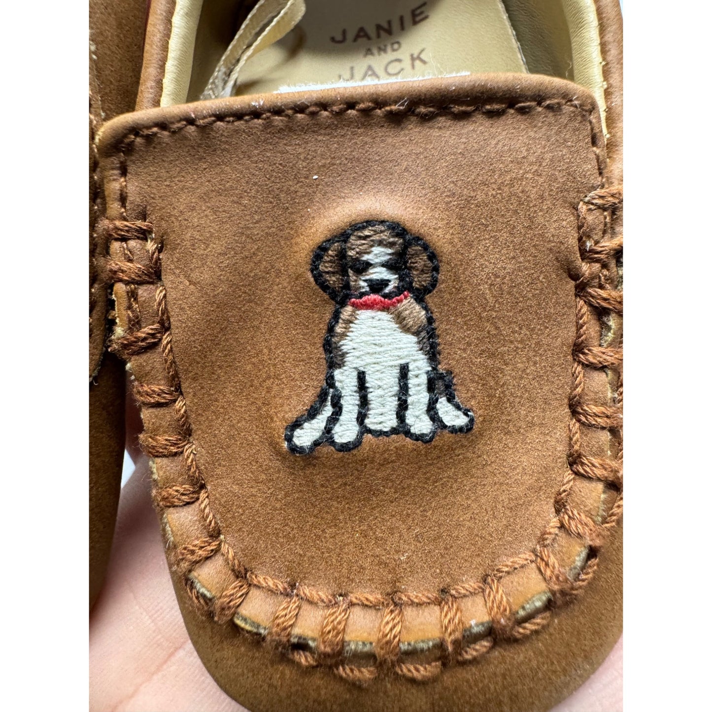 Janie & Jack Infant Brown Leather Moccasins With Embroidered Dog Design 9445
