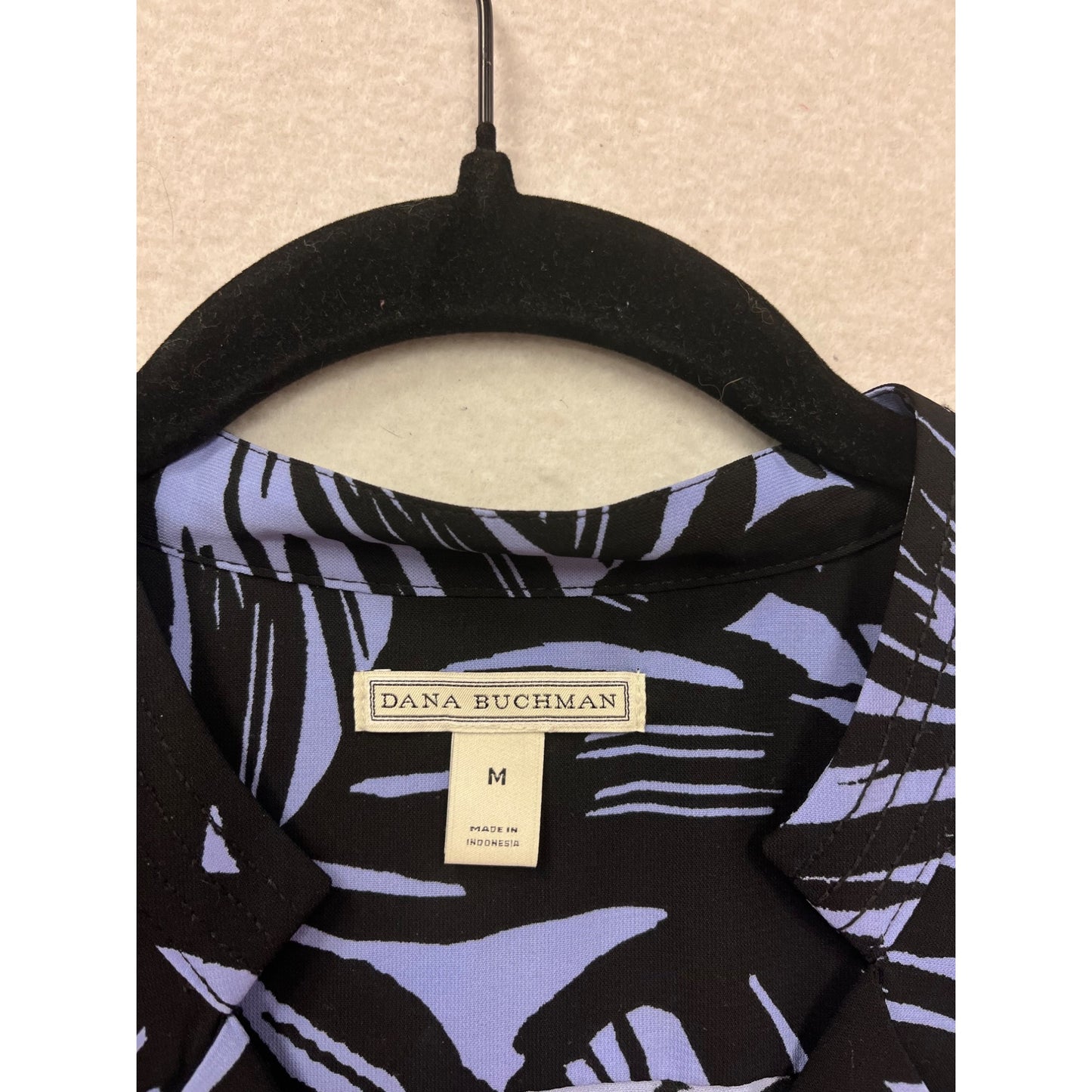 Dana Buchman Floral Print Blouse M Black & Purple Short Sleeve #191A