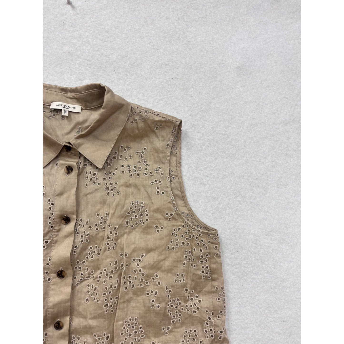 Lafayette 148 New York Tan Eyelet Sleeveless Button-Up Shirt S #8867