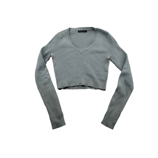 Brandy Melville Light Gray Ribbed V-Neck Cropped Knit Sweater Top #6439