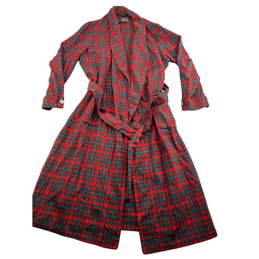 Vintage Pendleton Wool Plaid Red & Black Robe With Belt & Buttoned Cuffs #6480