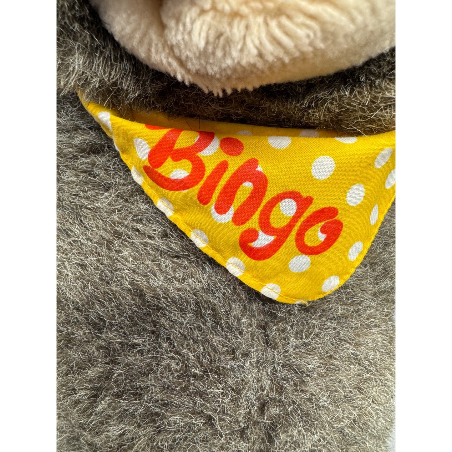 Vintage Plush Brown Bear Stuffed Animal Yellow "Bingo" Polka Dot Bandana 112B