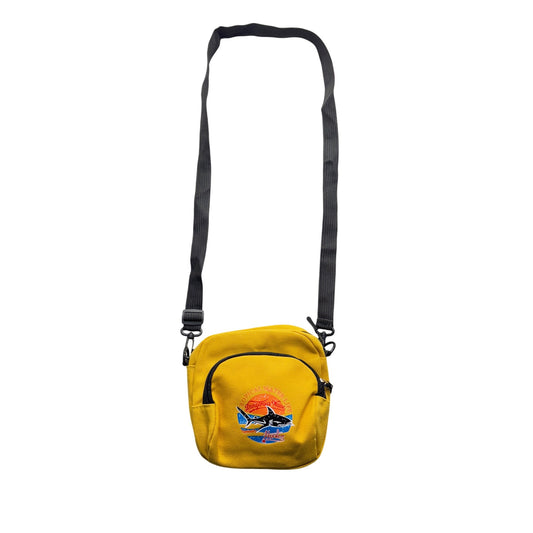 Yellow Canvas Crossbody Bag Shark Graphic & Adjustable Strap 6.5" x 6.5" #9708