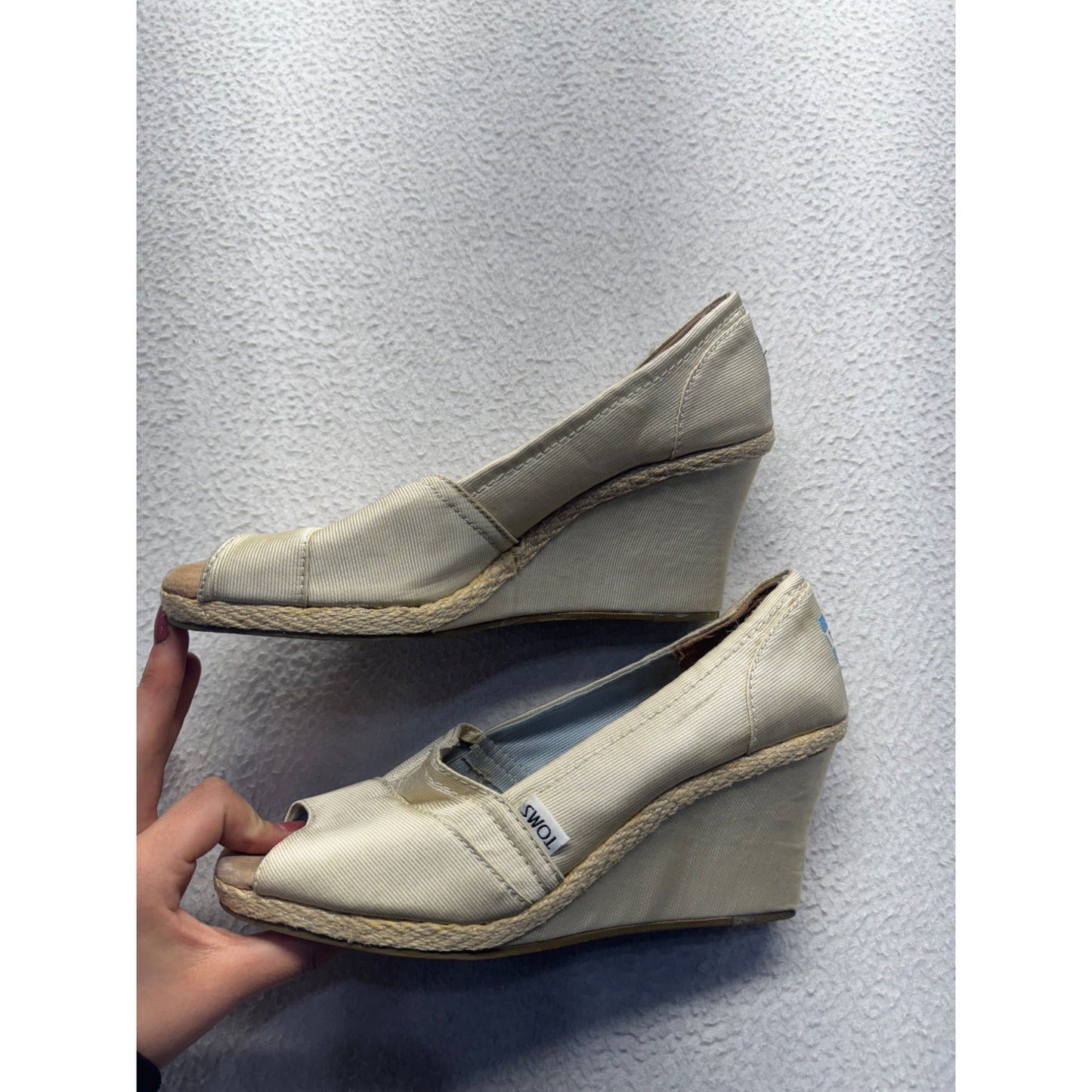 TOMS Peep Toe Wedge Heels Beige Canvas Size 9.5 #9005