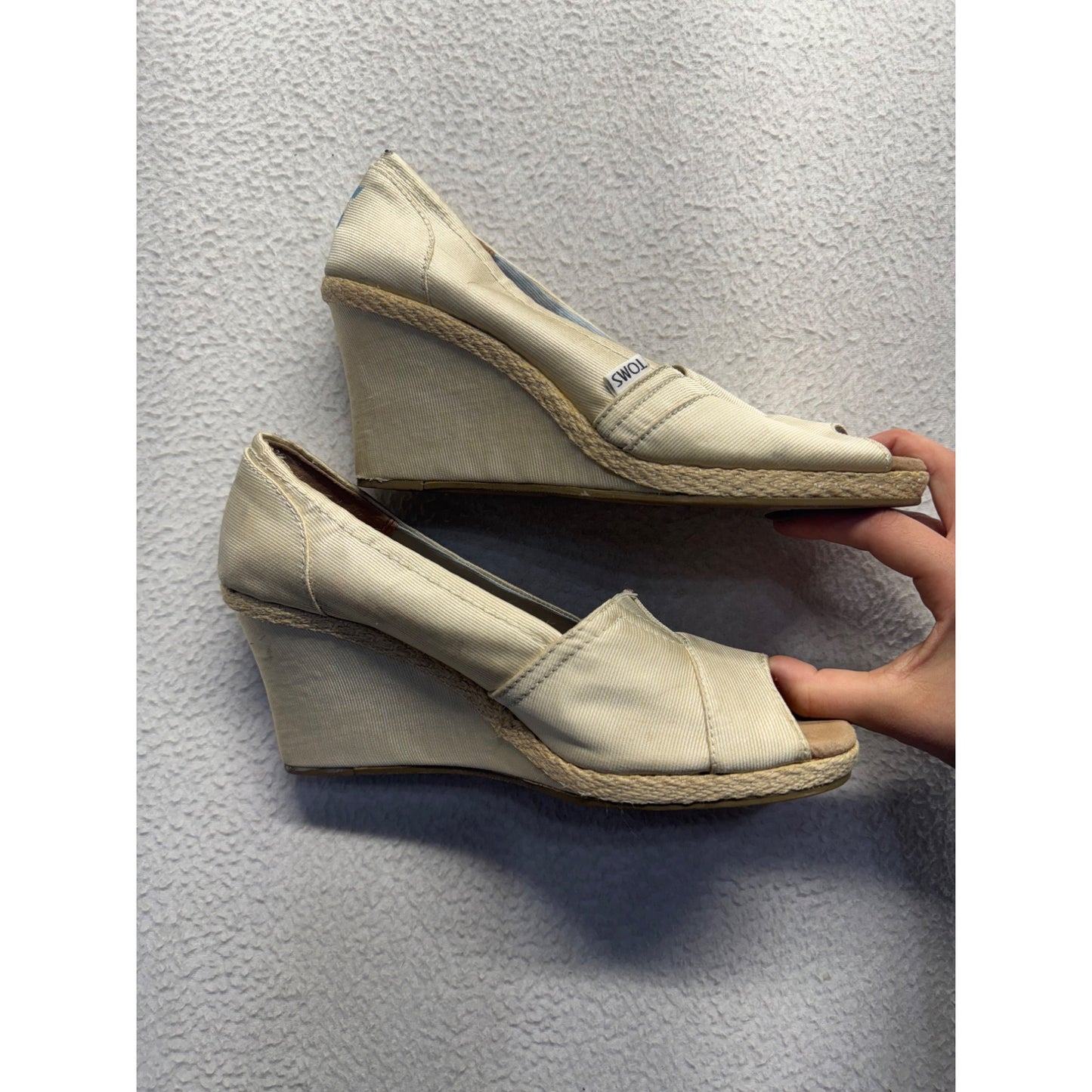 TOMS Peep Toe Wedge Heels Beige Canvas Size 9.5 #9005