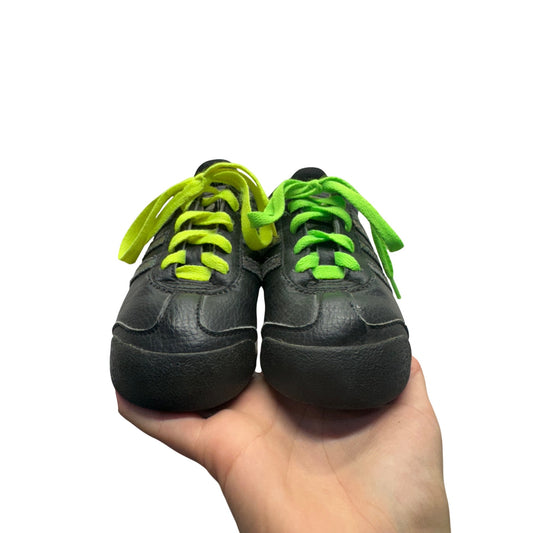 Adidas Samoa Black Leather Kids Shoes With Neon Yellow & Green Laces #382B