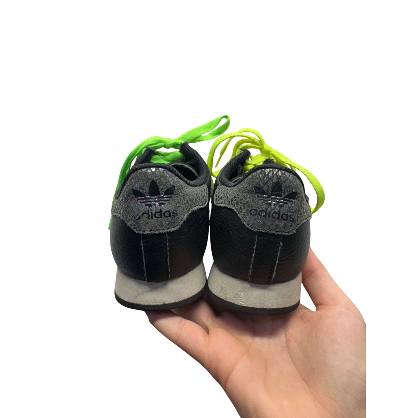 Adidas Samoa Black Leather Kids Shoes With Neon Yellow & Green Laces #382B