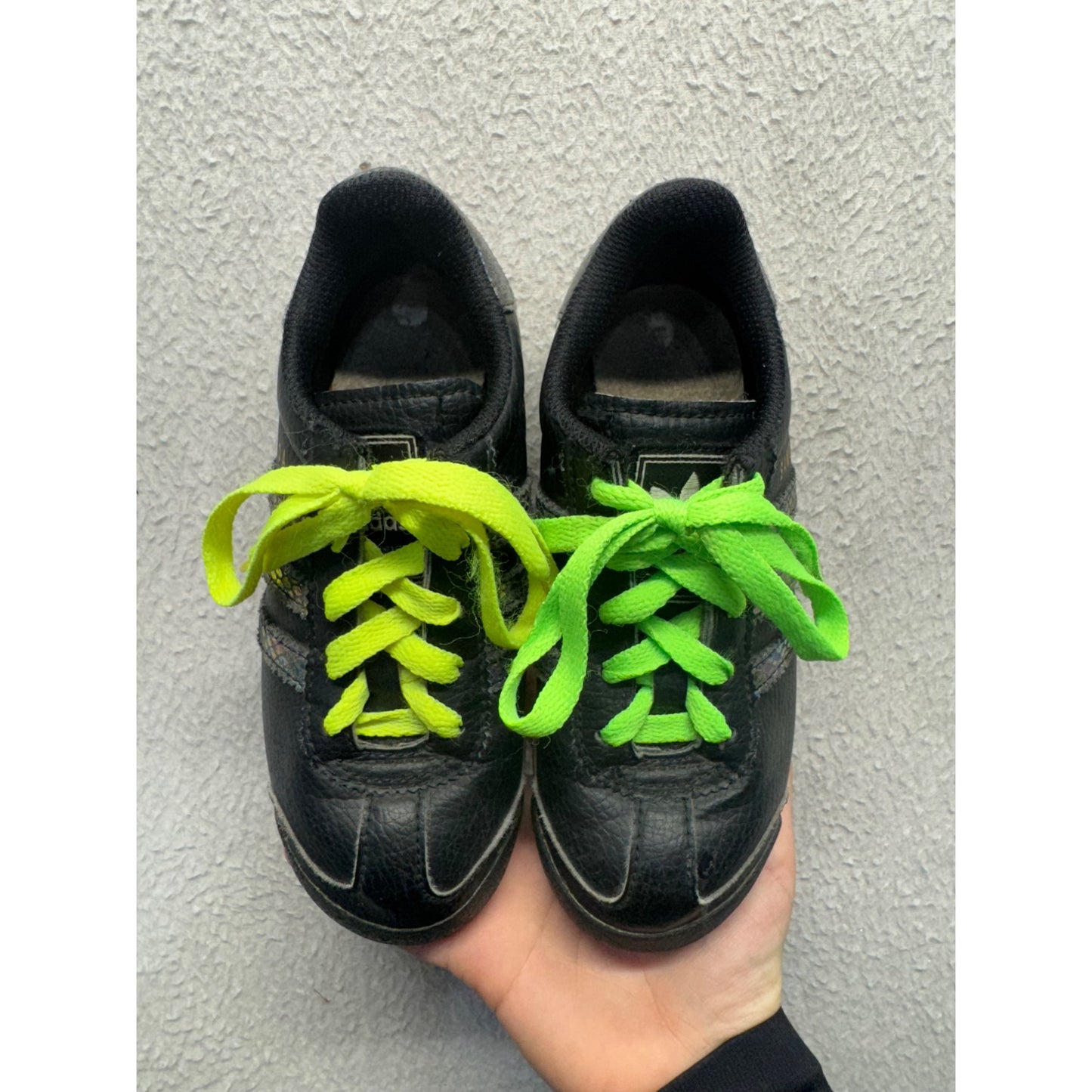Adidas Samoa Black Leather Kids Shoes With Neon Yellow & Green Laces #382B