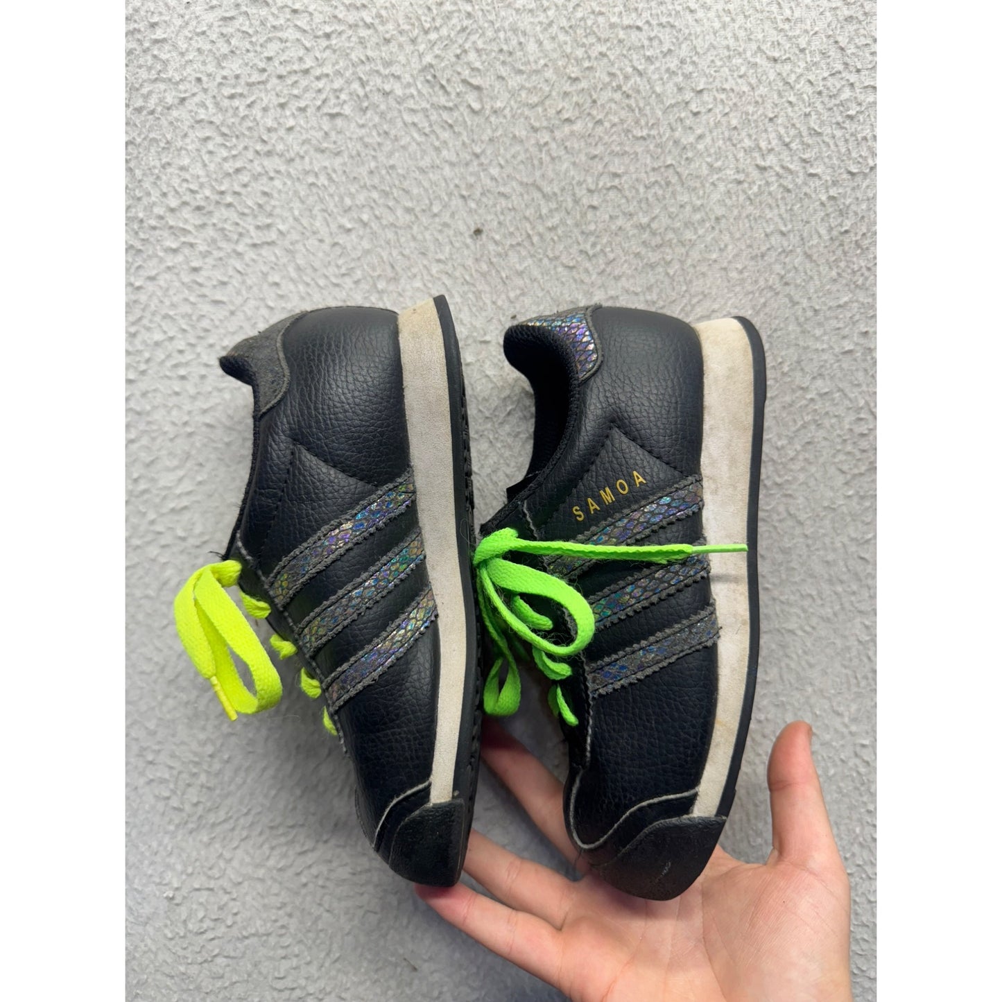 Adidas Samoa Black Leather Kids Shoes With Neon Yellow & Green Laces #382B
