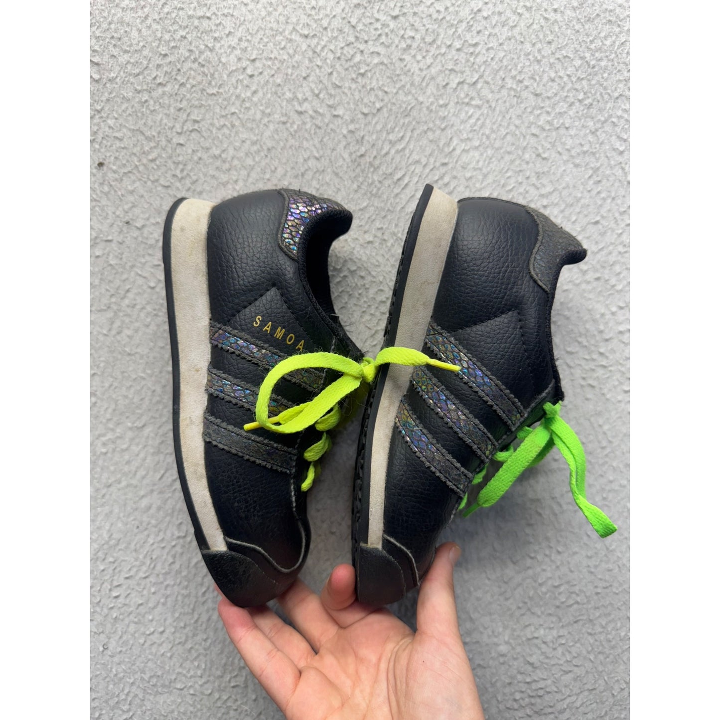 Adidas Samoa Black Leather Kids Shoes With Neon Yellow & Green Laces #382B